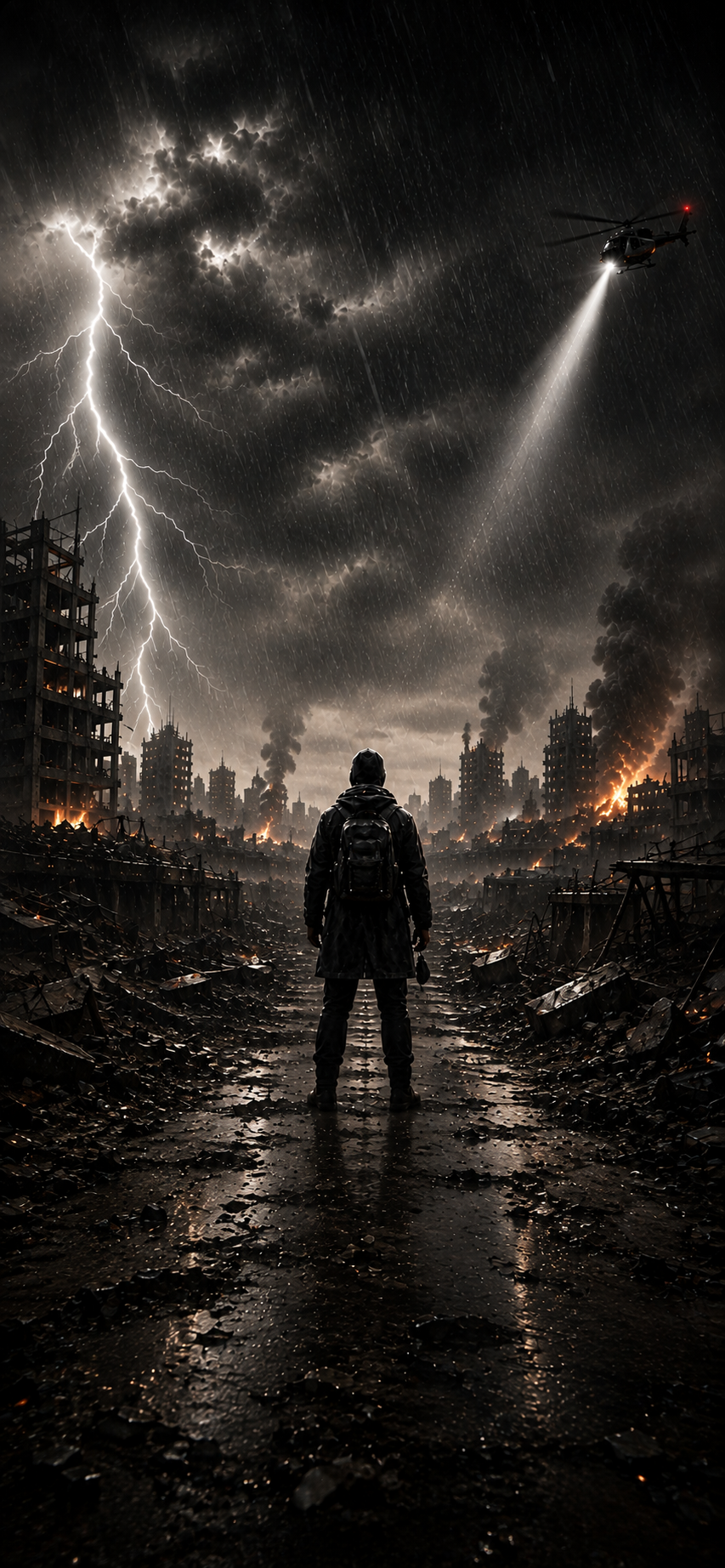 A lone survivor with a backpack facing a burning, rain-soaked ruined city under lightning and a rescue helicopter searchlight